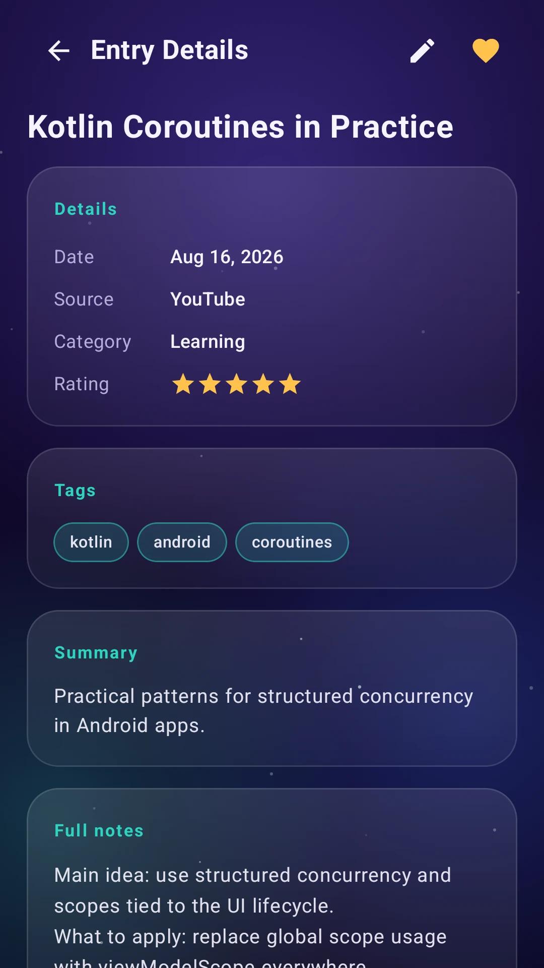 Video Diary Hub entry details screen