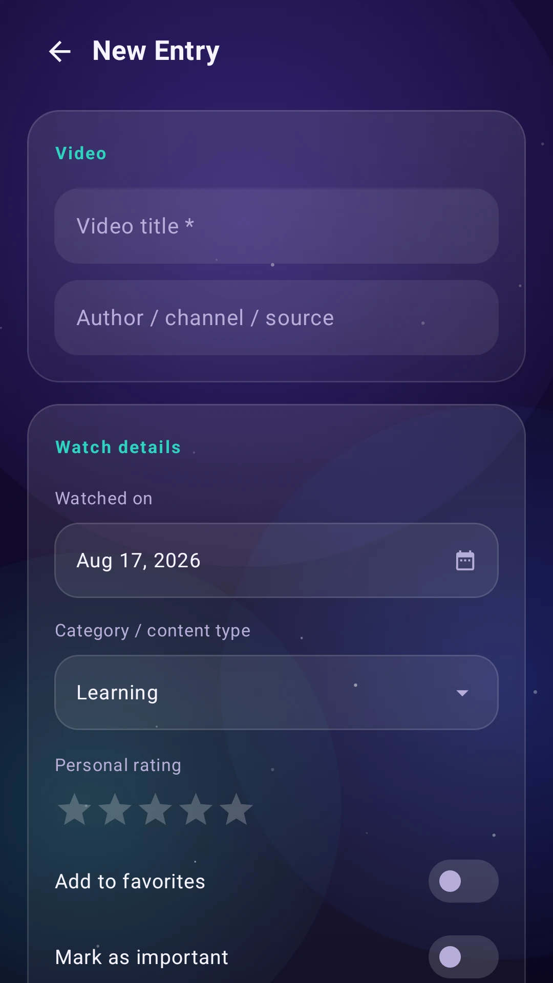 Video Diary Hub new entry screen